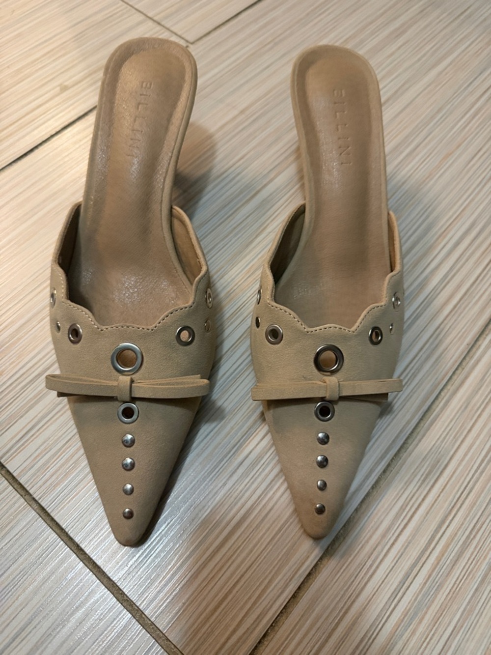 Bellini Tan Pointed-Toe Mule with Grommet Studs